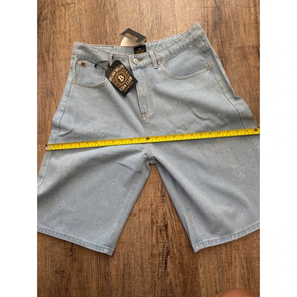 Billion Dollar Coin Club Mens 34W Rhinestone Cross Denim Shorts Light Wash Blue